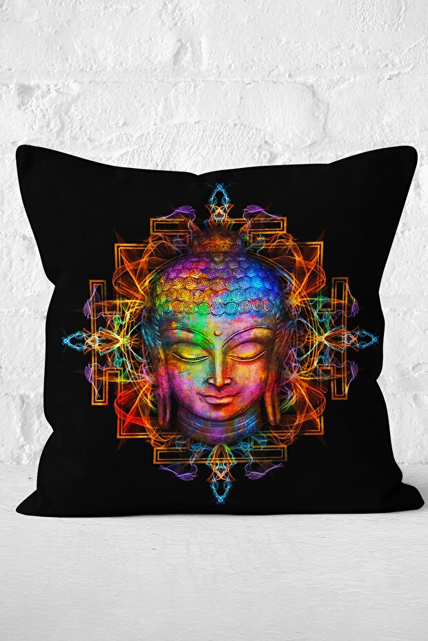 Neon Buddha Patterned Black Throw Pillow Cover on the Floor