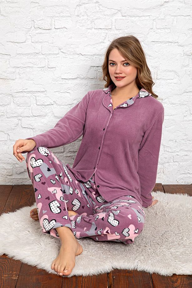Bayan Kışlık Welsoft Peluş İnci Polar Düğmeli Yılbaşı  Pijama Takımı 'İpeksi Doku' - 3