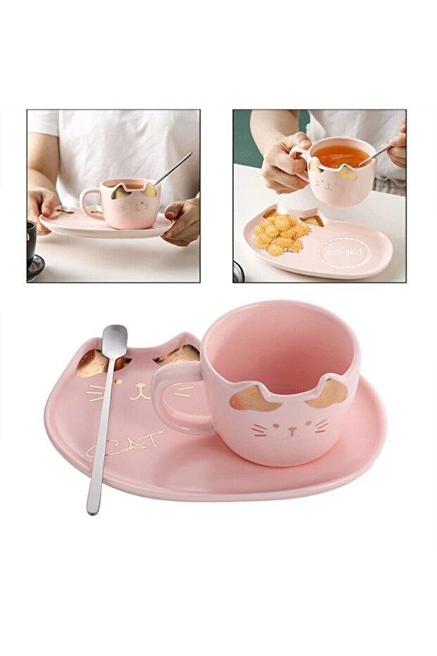 Sunum Tabaklı Kedili Kupa Bardak / Pembe - 1