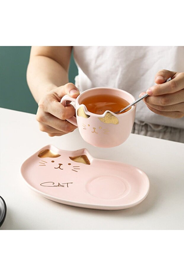 Sunum Tabaklı Kedili Kupa Bardak / Pembe - 2