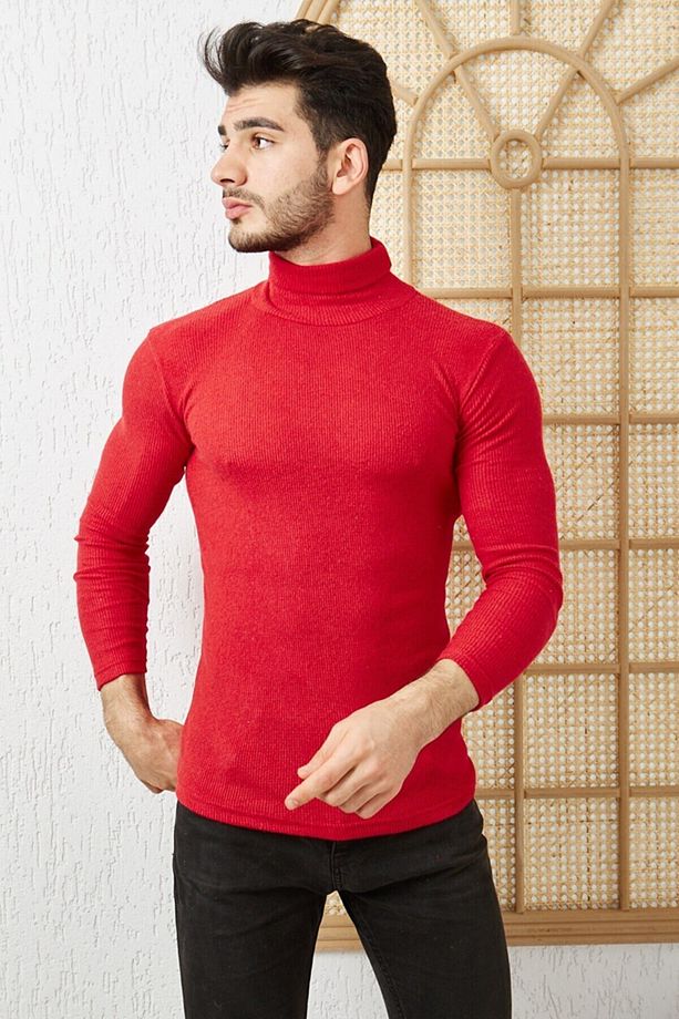 Erkek Kırmızı Boğazlı Triko Lycra Kazak - 1