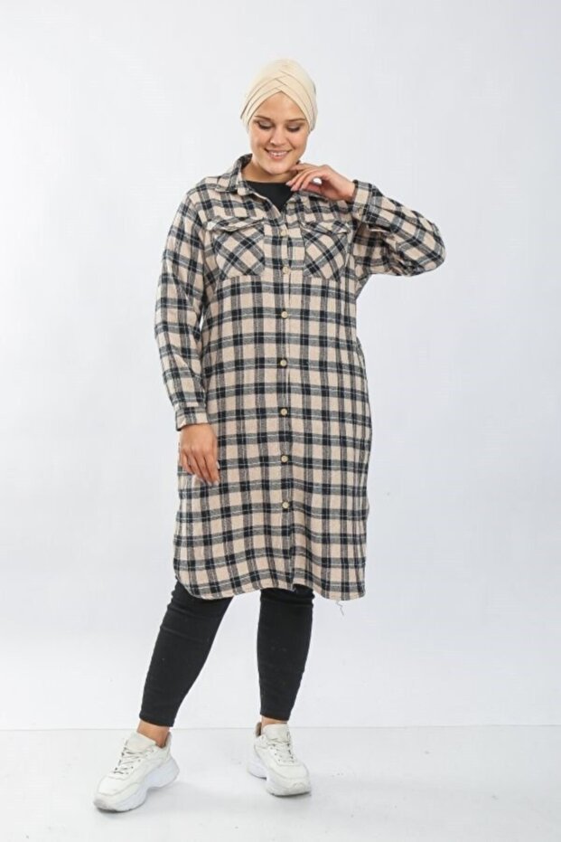 Women's Large Size Thick Long Lumberjack Shirt Beige Square