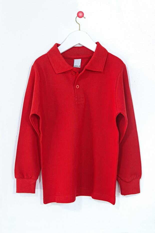 Unisex Long Sleeve Polo Collar Cotton Red School T-Shirt