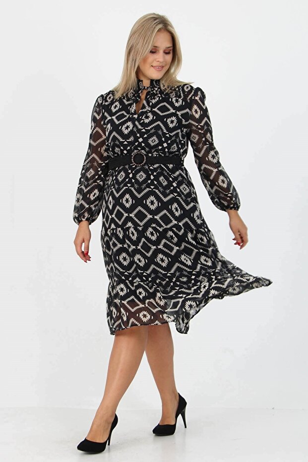 Women's Patterned Midi Length Plus Size Belted Chiffon Dress Apcx18