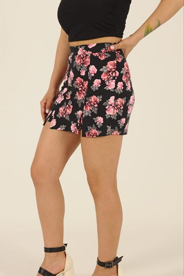 Women's Black Floral Patterned Double Front Slit Shorts Skirt