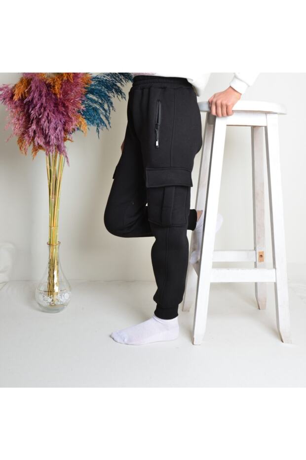 Unisex Children's Black Cargo Pocket 3Ip Thick Fleece Tracksuit Bottom (Without Zipper)