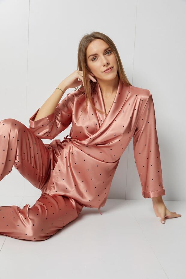 Dark Salmon Satin Double Breasted Pajama Set