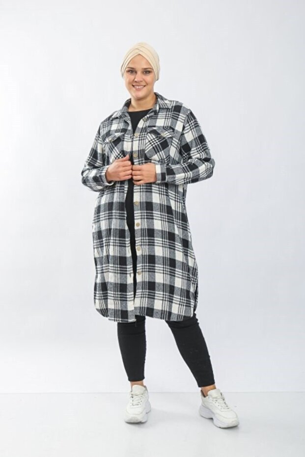 Women's Large Size Thick Long Lumberjack Shirt - Black and White Four Lines