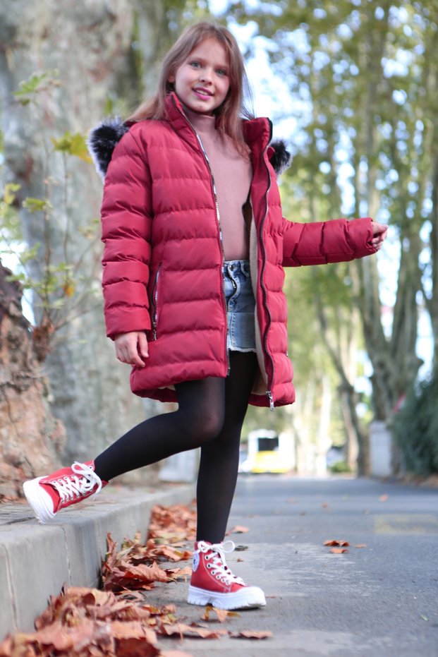 Girl's Plum Extra Soft Filling Silver Zippered Plush Hooded Faux Fur Coat Inside