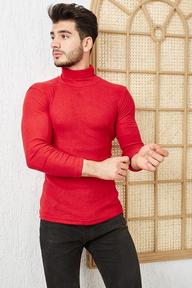 Erkek Kırmızı Boğazlı Triko Lycra Kazak - 3