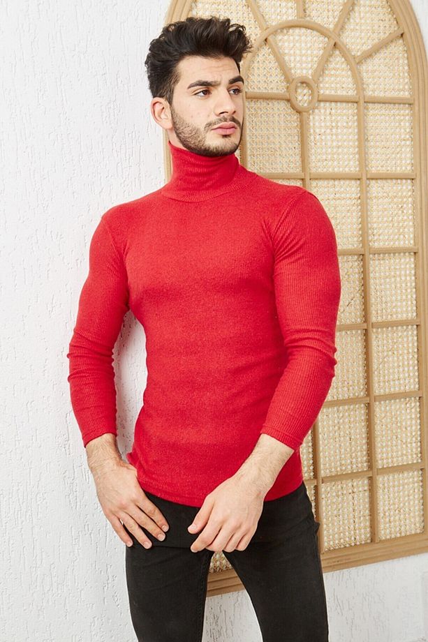 Erkek Kırmızı Boğazlı Triko Lycra Kazak - 4