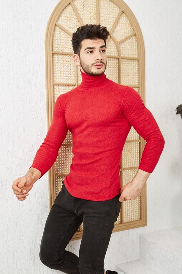 Erkek Kırmızı Boğazlı Triko Lycra Kazak - 5