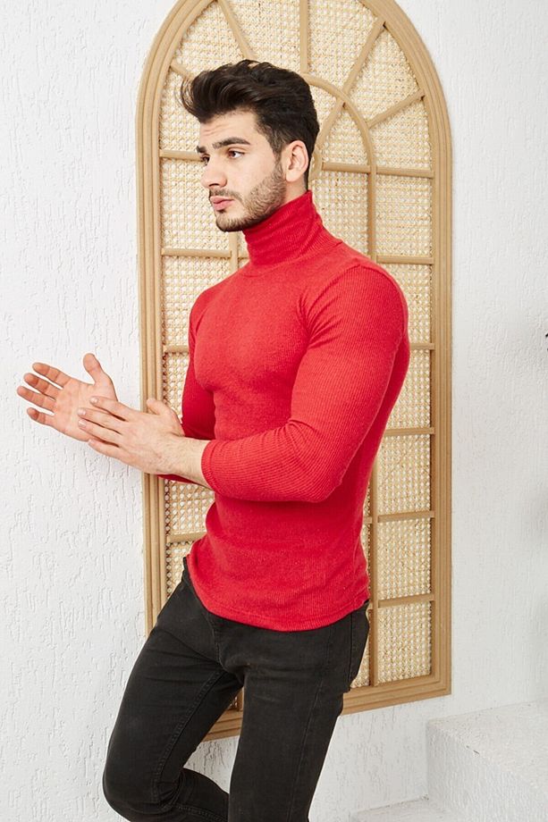 Erkek Kırmızı Boğazlı Triko Lycra Kazak - 6
