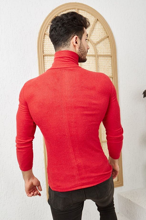 Erkek Kırmızı Boğazlı Triko Lycra Kazak - 8