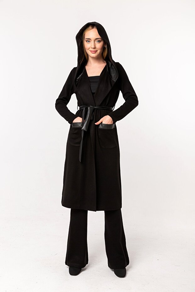 Siyah Kapüşonlu Şal Yaka Kuşak ve Cep Detay Triko Hırka - 2