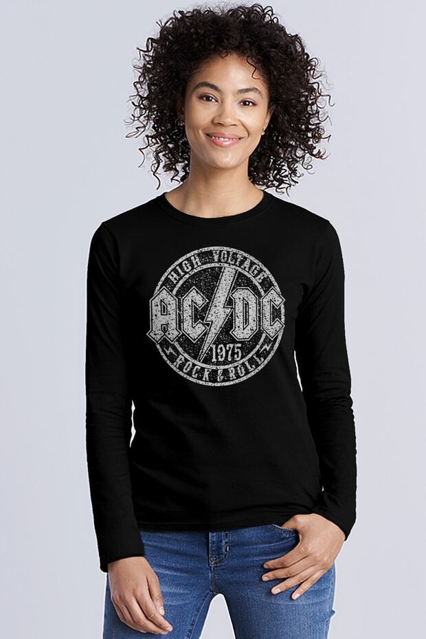 Acdc Black Long Sleeve Relax Fit Combed Cotton Women's T-Shirt in the Circle