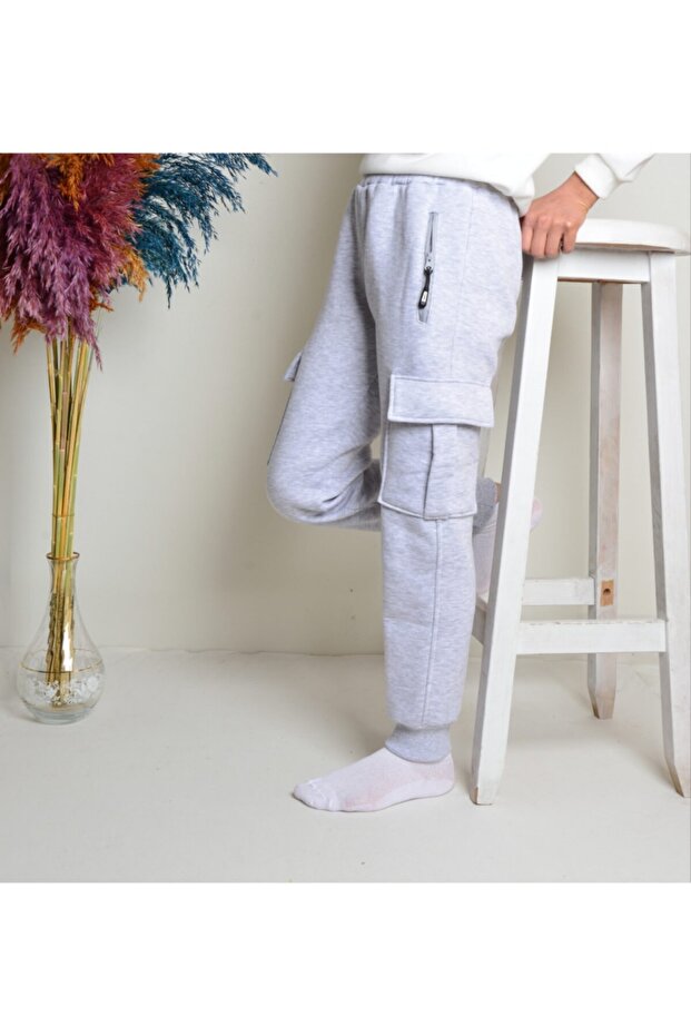 Unisex Kids Gray Cargo Pocket 3ip Thick Fleece Tracksuit Bottom