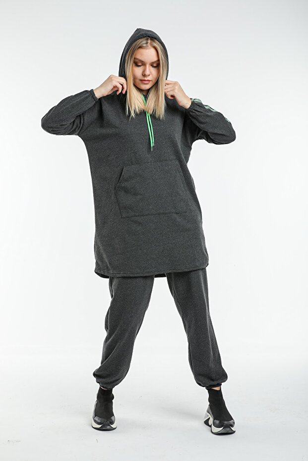 Large Size Hijab Oversize Model Anthracite Green Highlighter Tracksuit Set