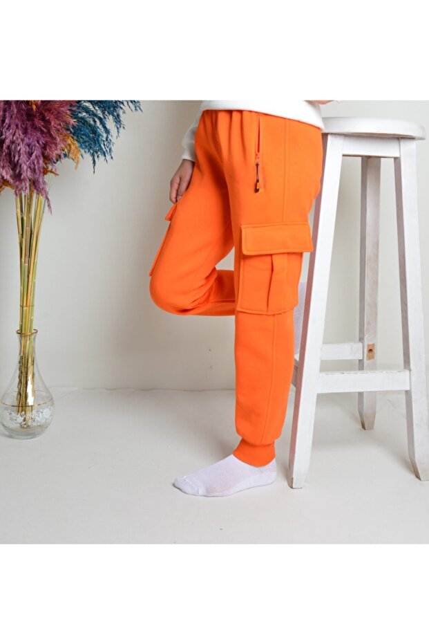 Unisex Kids Orange Cargo Pocket 3Ip Thick Fleece Sweatpants