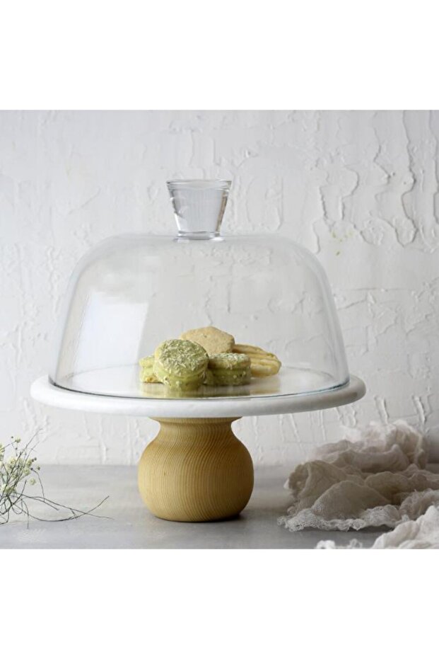 Marble 25 Cm White Glass Jar with Wooden Legs