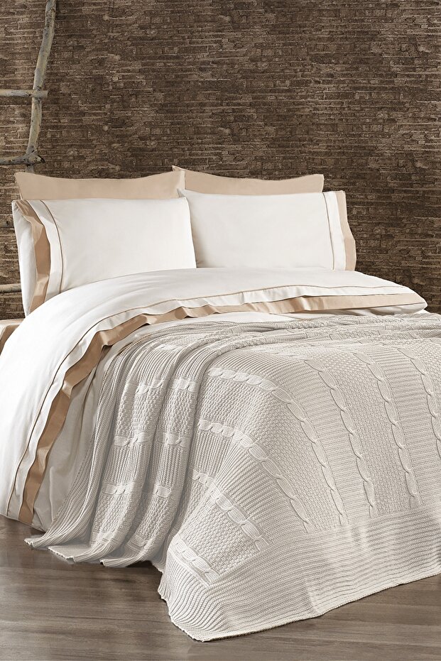 7 Piece Cotton Knitwear Blanket Ahzen Double Duvet Cover Set Cream