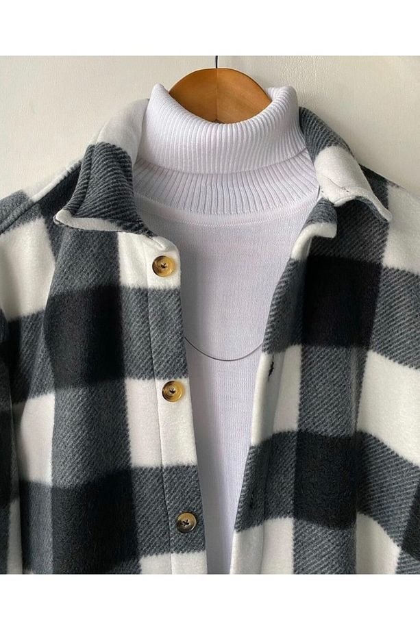 Siyah Unisex Regular Fit Kışlık Kalın Polar Gömlek - 4