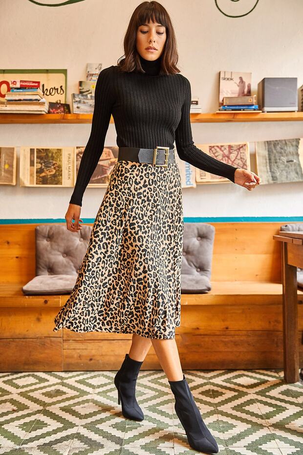 Women's Mink Leopard Elastic Waist Suede Textured Bell Skirt ETK-19000141