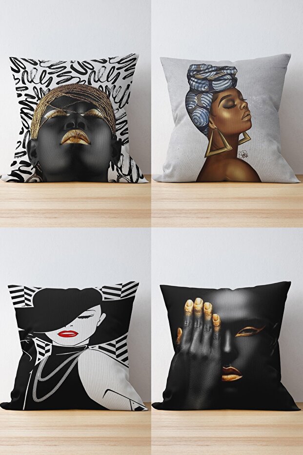 Set of 4 African Women's Special Design Digital Printed Suede Pillow and Cushion Covers