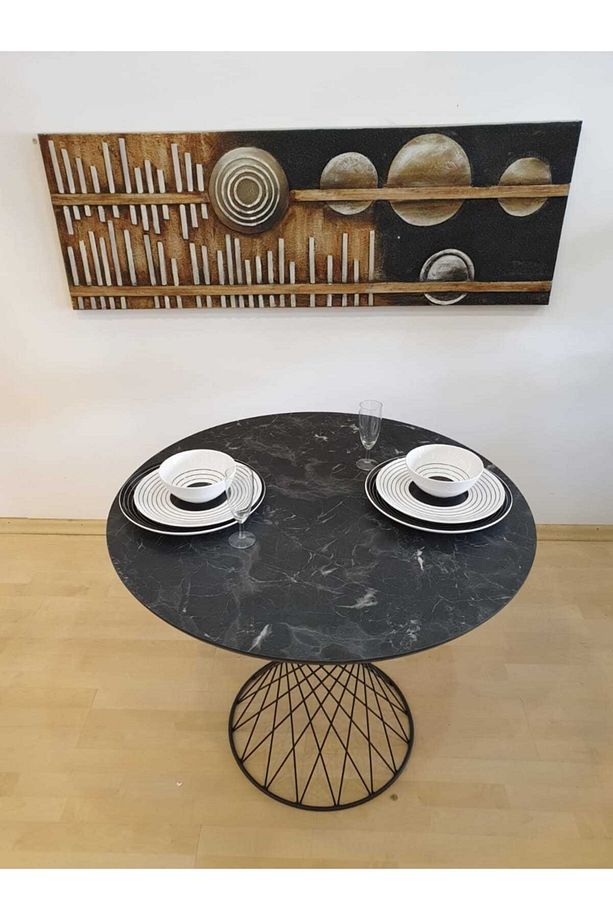 Modern Mermer Desen Yuvarlak Mutfak Masası Ve 4 Adet Sandalye - 3