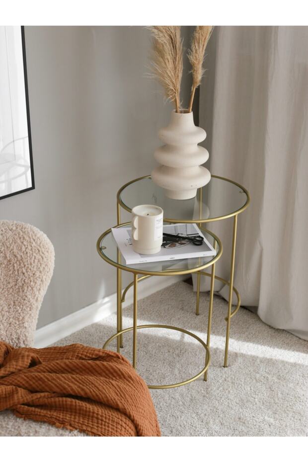 Nesting Camlı Gold Zigon Yan Sehpa - 6