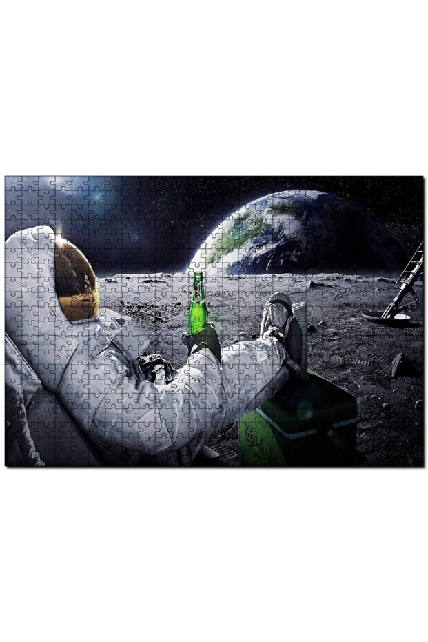 Astronaut Drinking Beer on the Moon Against the World 1000 Piece Puzzle Jigsaw Puzzle Mdf (Wooden)