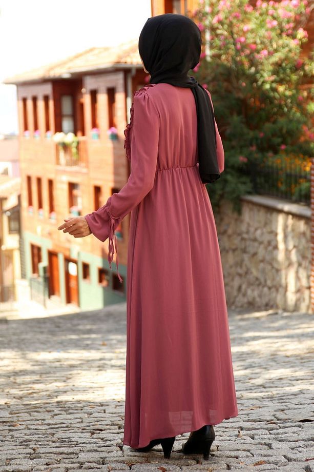 Fırfırlı Şifon Tesettür Elbise - Gül Kurusu - 3
