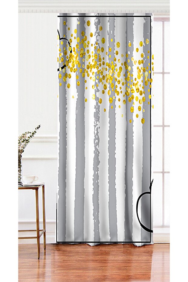 Single Wing Gray White Striped Yellow Polka Dot Themed Living Room Background Curtain
