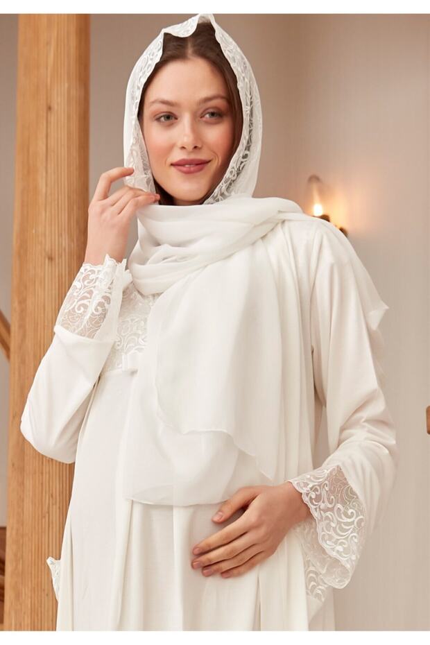 Kadın Ekru Dantelli Hamile Şal - 1