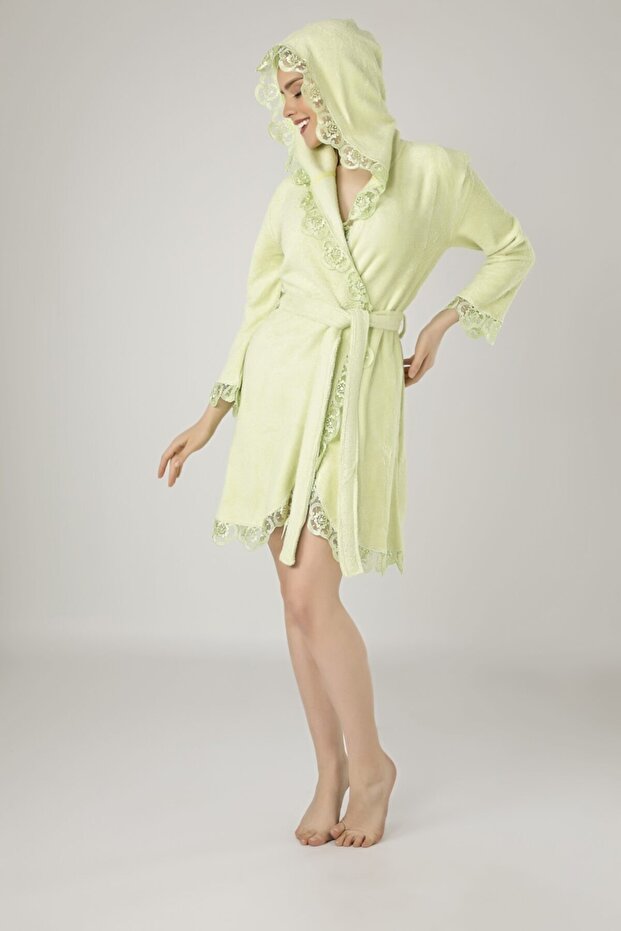 Women's Pistachio Green Lace Curly Bamboo Cotton Bathrobe