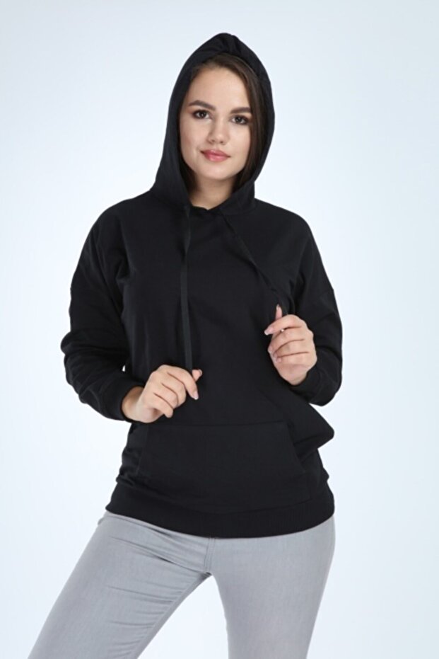 Kadın Siyah Kapüşonlu Sweatshirt - 2