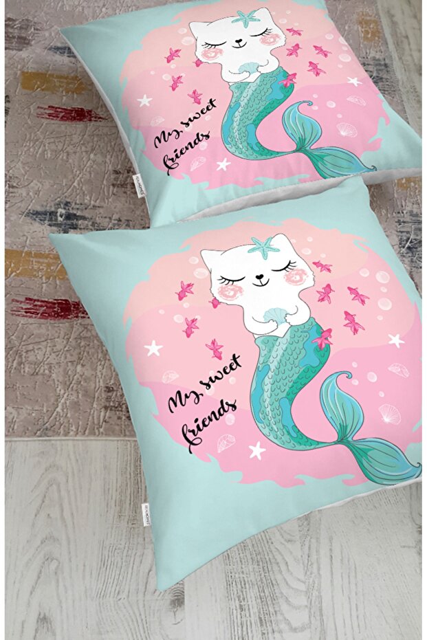 Mermaid Tailed Cat Printed Modern Animal Floor Cushion (1000gr Filled Inside)