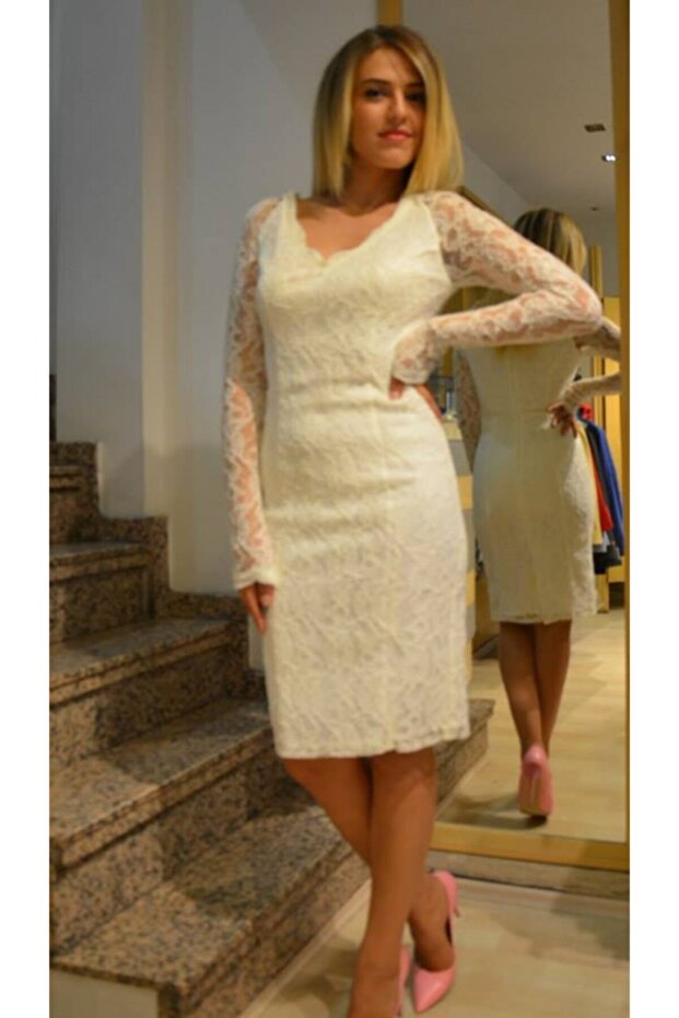 Kadın Beyaz Dantelli Elbise - 2