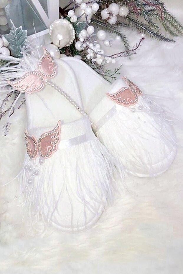 Stone Detailed Feathered Powder Wing Embroidered Maternity Slippers and Crown Set