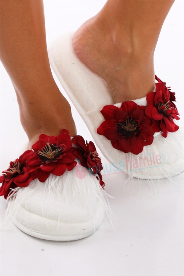 Women's Red Floral Furry Maternity Slippers