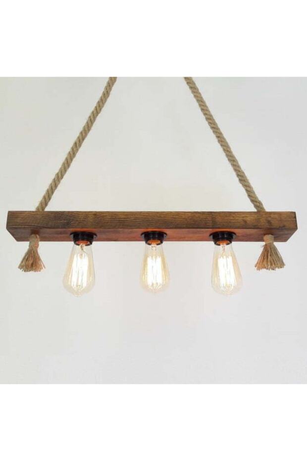 Tasarım 3'lü Rustik Nigrum Halatlı Ahşap Avize - 2