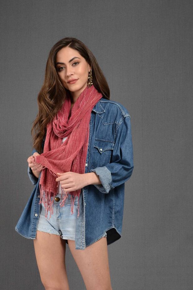 Fuşya Denim-Taşlama Fular - 6