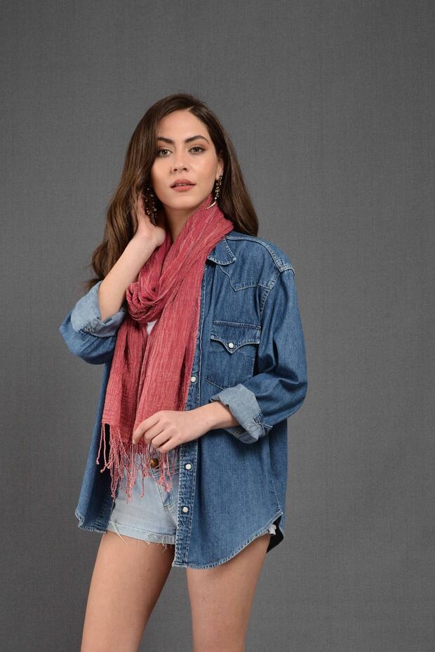 Fuşya Denim-Taşlama Fular - 9