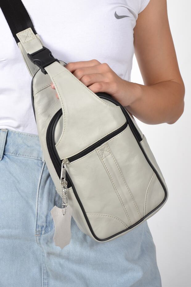 Unisex Beige Leather Backpack and Shoulder Bag