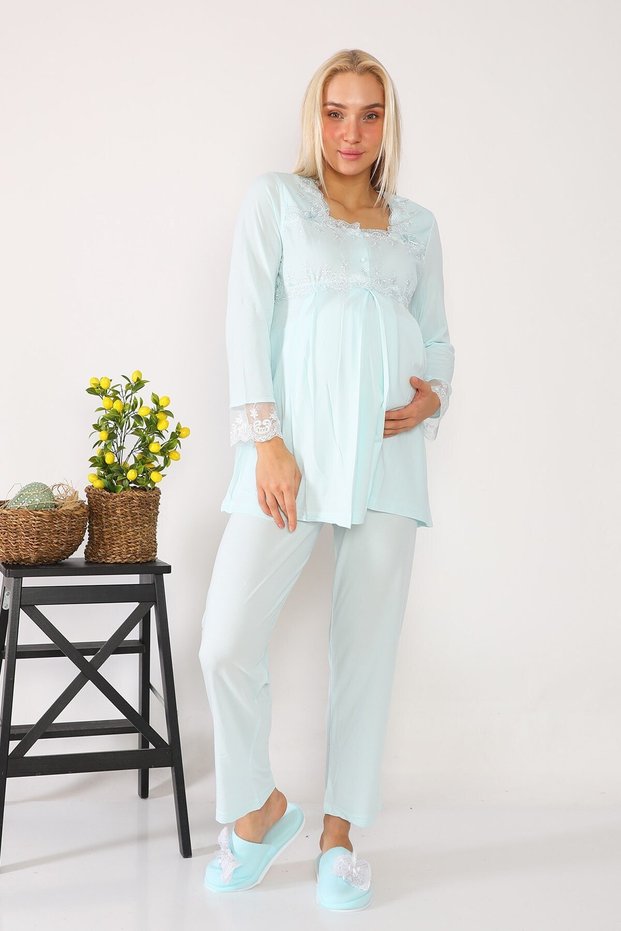 Women's Turquoise Lace Detailed Pajamas Set 2603