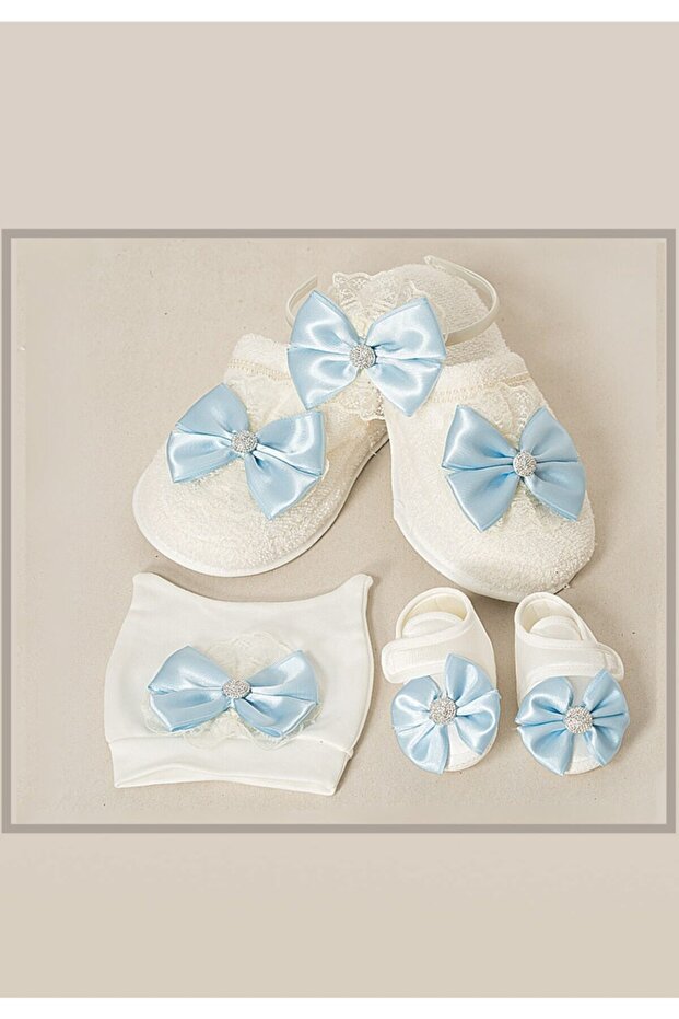 Women's Blue Bow Mother Baby Slippers and Hat Set
