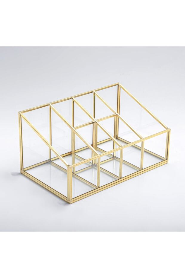 25x15x12cm Brass Gold 6 Compartment Glass Makeup Organizer Pen Holder Desktop Organizer Brush Holder