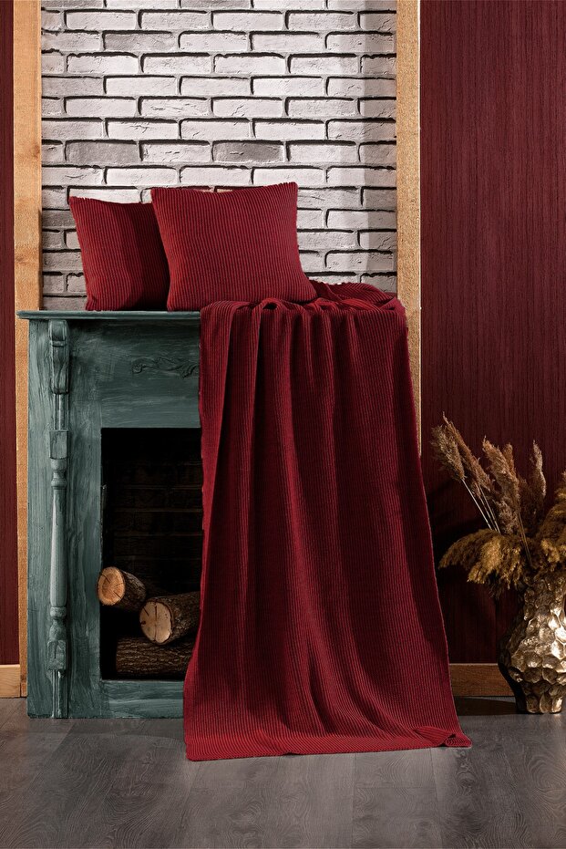 3 Piece Ilgaz Claret Red Knitwear Bed Runner and Pillowcase Set