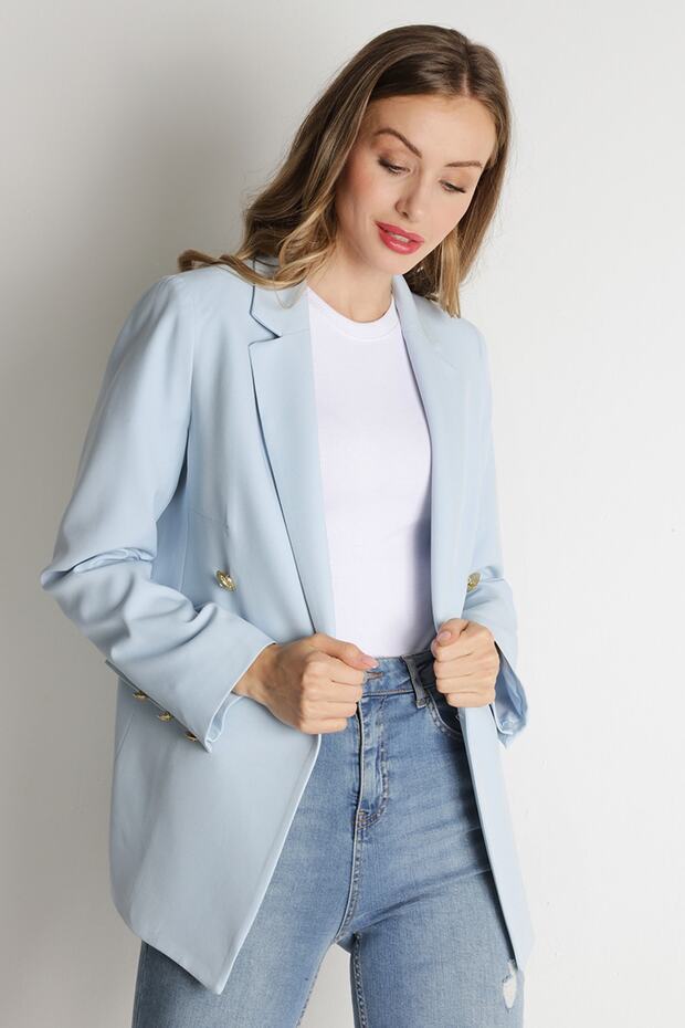 Kadın Mavi Gold Düğmeli Blazer Ceket - 3