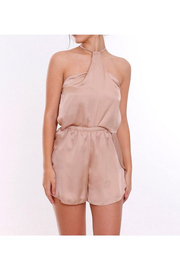 Bej %100 Ipek Kumaşlı Camisole Ve Yırtmaçlı Şort Gecelik Seti - 1